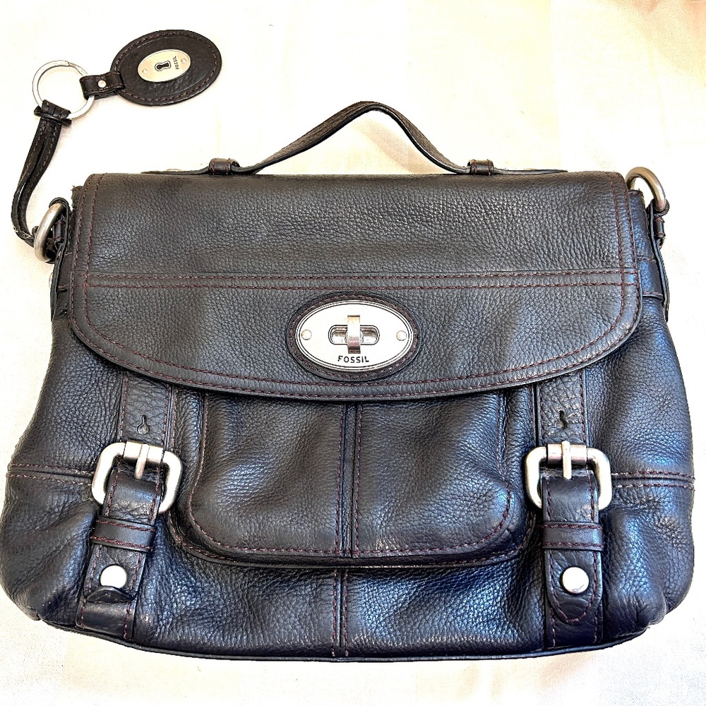 😍🌻 FOSSIL Leather Messenger Crossbody Bag Black Turn Lock Lined